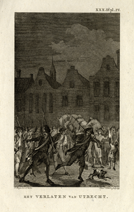 39571 Gezicht op de Neude te Utrecht met vluchtende militairen tegen de achtergrond van het ...